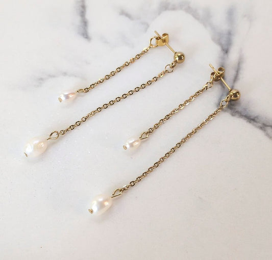 Dual Pearl Drop Earrings - Gold plate & freshwater pearls