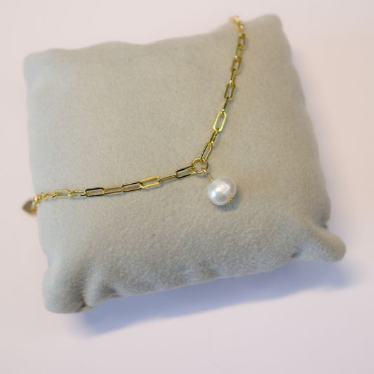 18K Gold & Pearl Paperclip Chain Bracelet