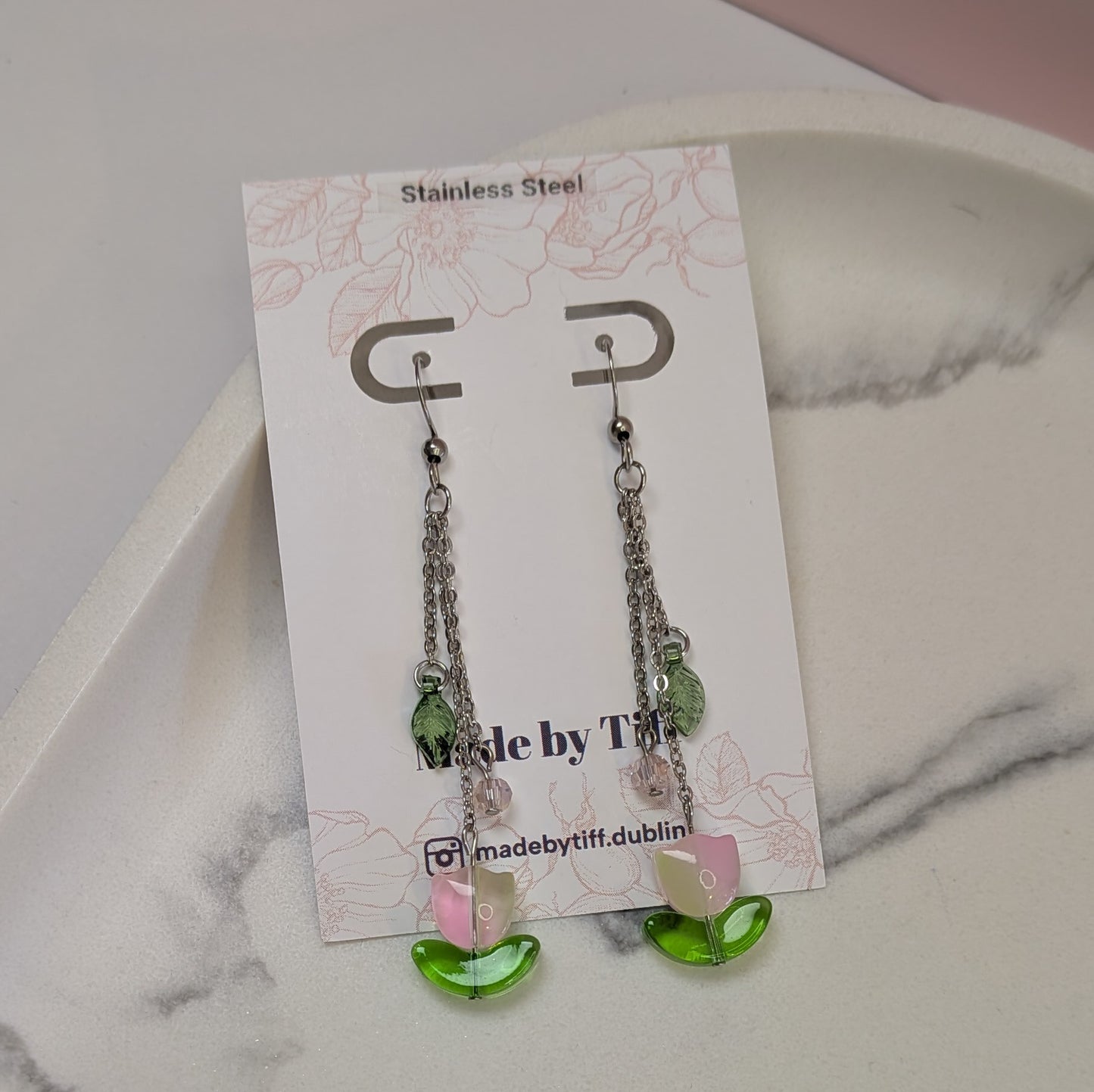 Pink Tulip Flower Dangle Hook Earrings - Silver / Gold