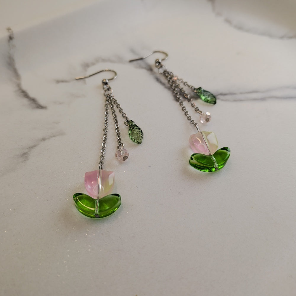 Pink Tulip Flower Dangle Hook Earrings - Silver / Gold