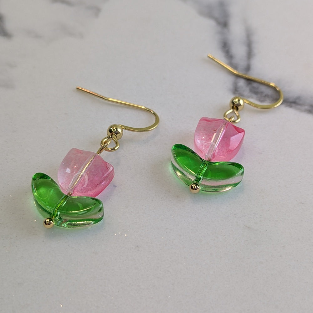 Pink Tulip Flower Drop Hook Earrings - Silver / Gold