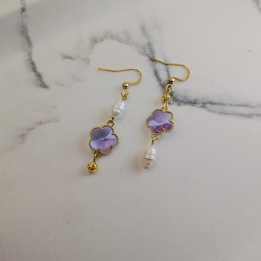 Gold Hook Earrings β Freshwater Pearl & Pink/Purple Glass Flower Drop