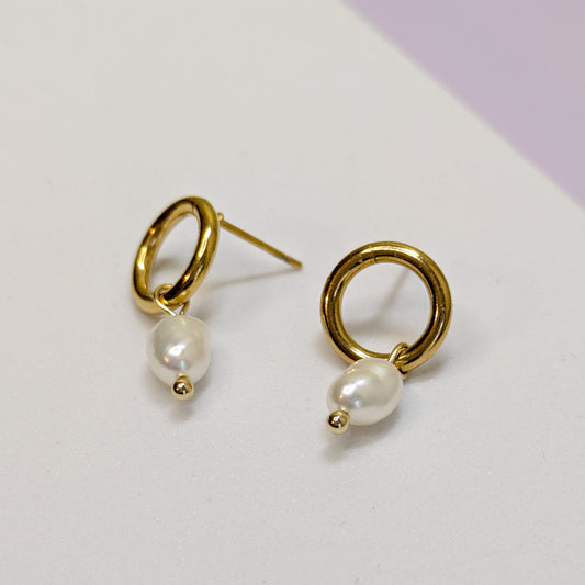 Circle Drop Earrings with Freshwater Pearl