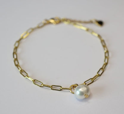 18K Gold & Pearl Paperclip Chain Bracelet