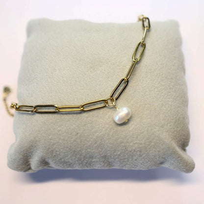 18K Gold & Pearl Paperclip Chain Bracelet