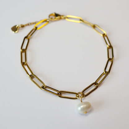 18K Gold & Pearl Paperclip Chain Bracelet