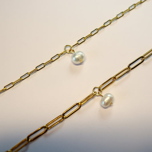 18K Gold & Pearl Paperclip Chain Bracelet