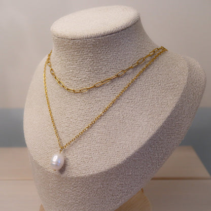 Layered Chain Gold Necklace with Freshwater Pearl
