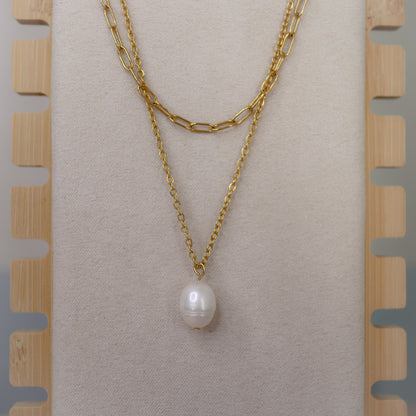 Layered Chain Gold Necklace with Freshwater Pearl