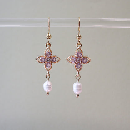 Pink Four-Leaf Flower Pear Earrings