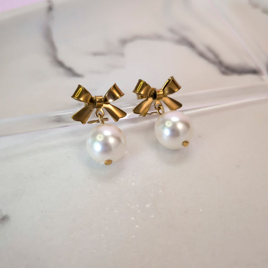 Gold Bow Pearl Earrings