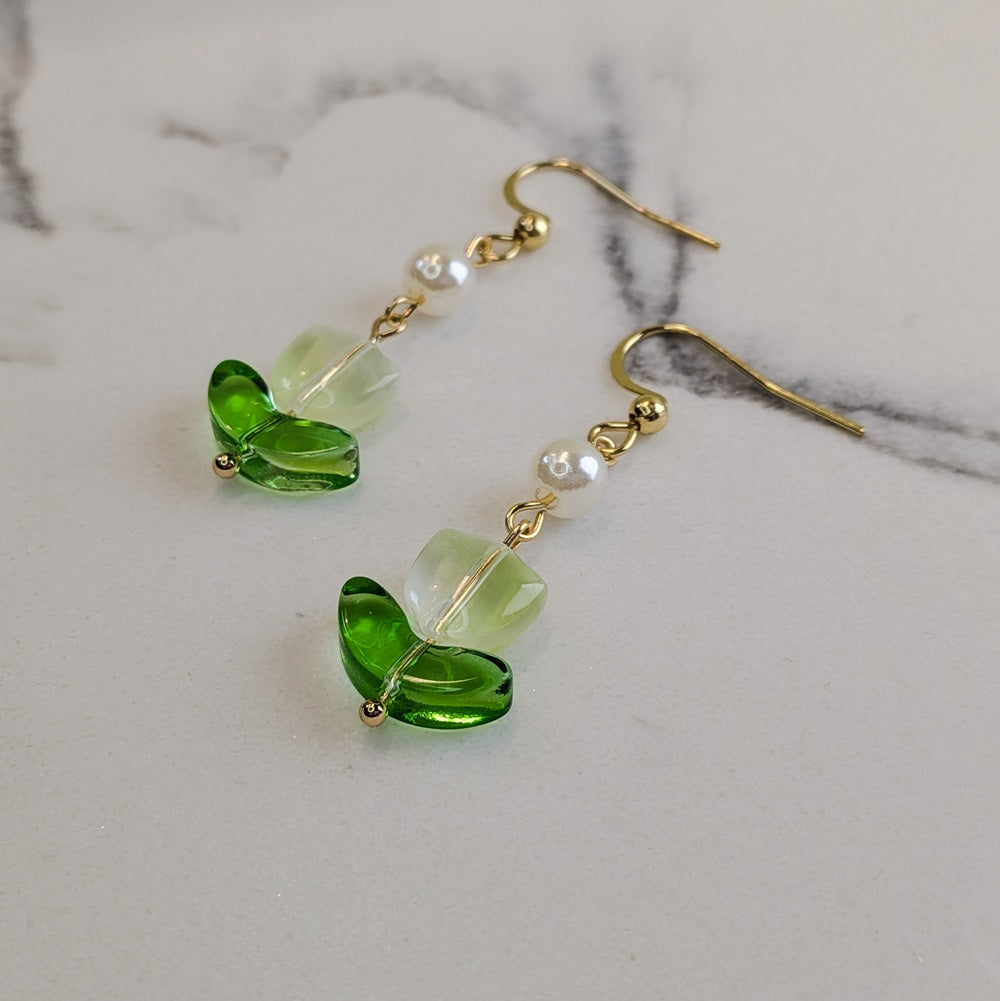 Green Tulip Flower & Peal Drop Hook Earrings - 18K Gold