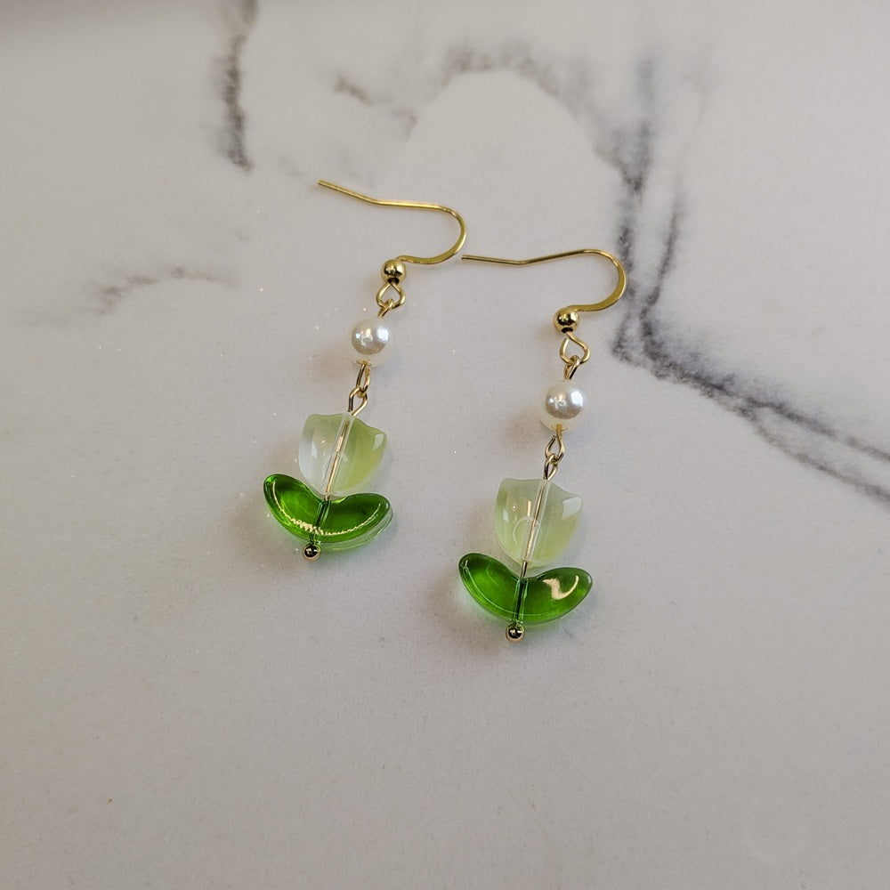 Green Tulip Flower & Peal Drop Hook Earrings - 18K Gold
