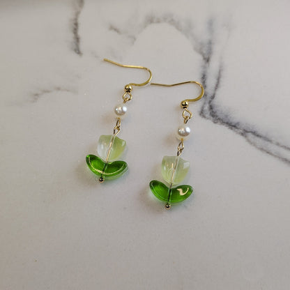 Green Tulip Flower & Peal Drop Hook Earrings - 18K Gold
