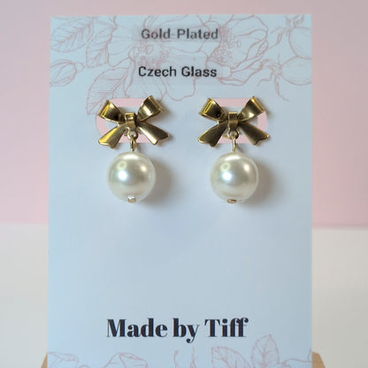 Gold Bow Pearl Earrings