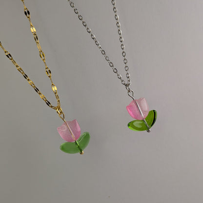 Pink Tulip Charm Necklace - Gold / Silver