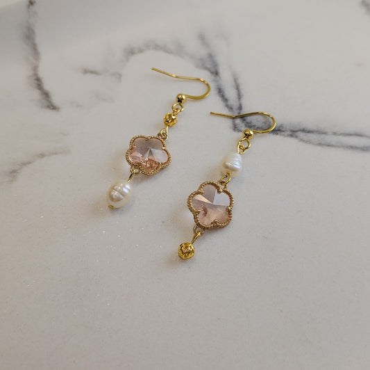 Gold Hook Earrings – Freshwater Pearl & Pink/Purple Glass Flower Drop