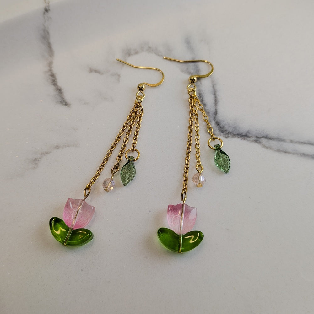 Pink Tulip Flower Dangle Hook Earrings - Silver / Gold
