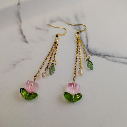 Pink Tulip Flower Dangle Hook Earrings - Silver / Gold