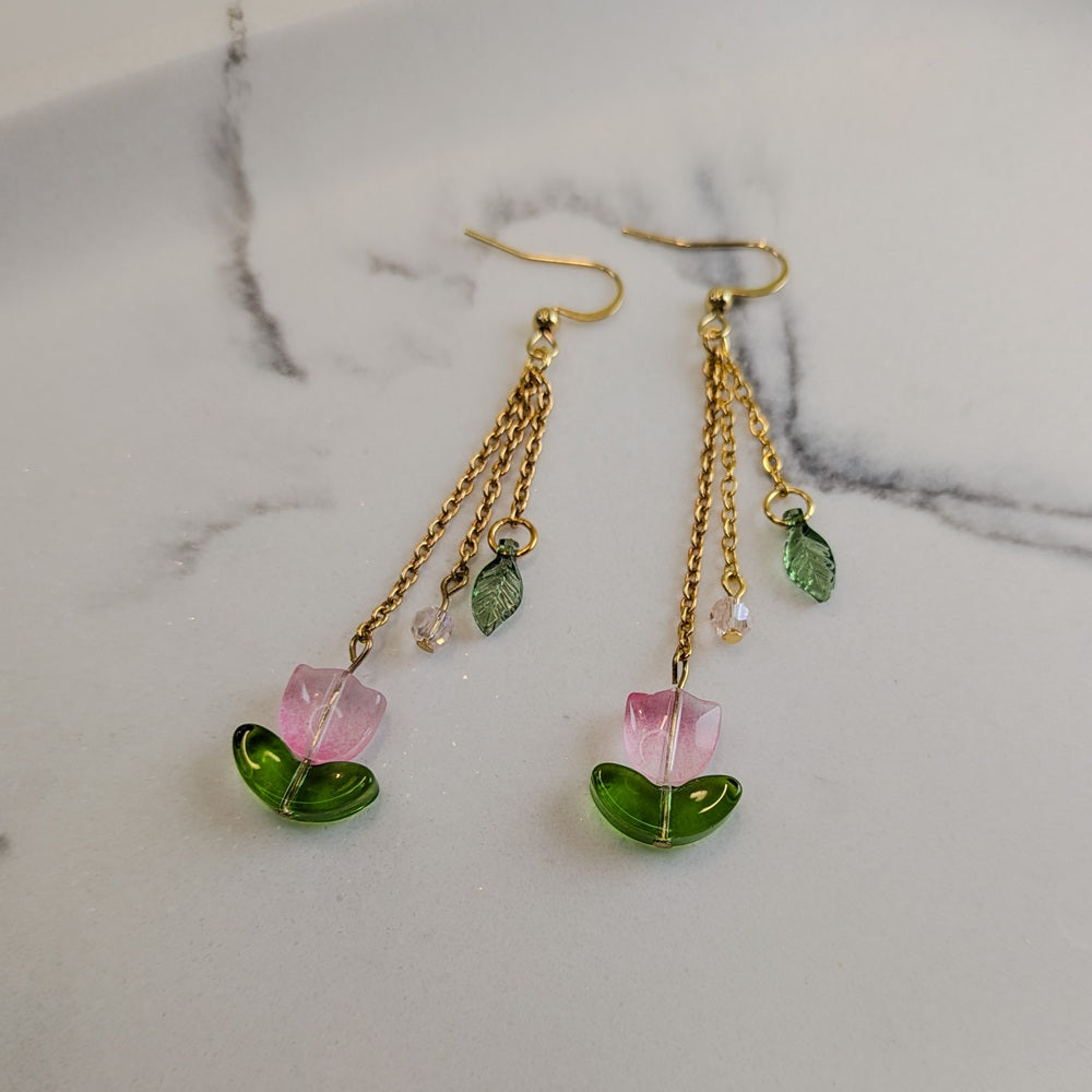 Pink Tulip Flower Dangle Hook Earrings - Silver / Gold