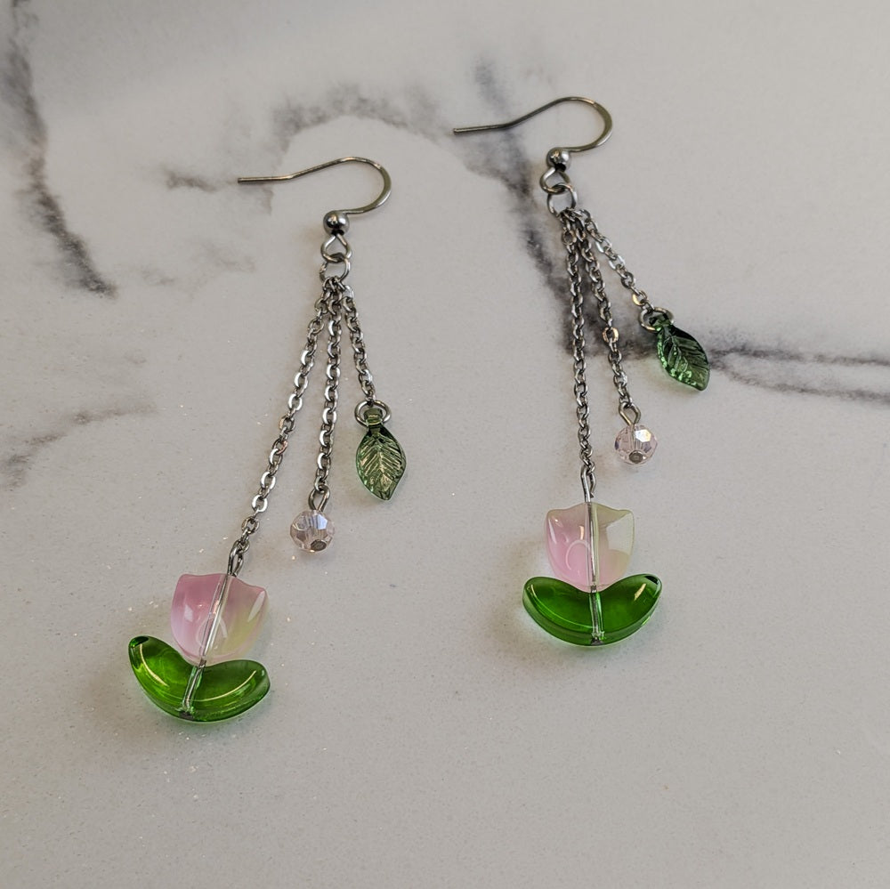 Pink Tulip Flower Dangle Hook Earrings - Silver / Gold