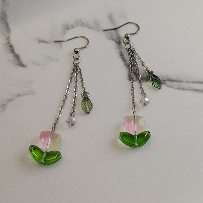 Pink Tulip Flower Dangle Hook Earrings - Silver / Gold