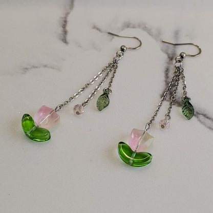 Pink Tulip Flower Dangle Hook Earrings - Silver / Gold