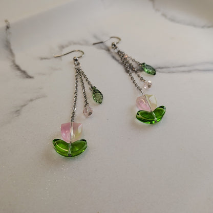 Pink Tulip Flower Dangle Hook Earrings - Silver / Gold