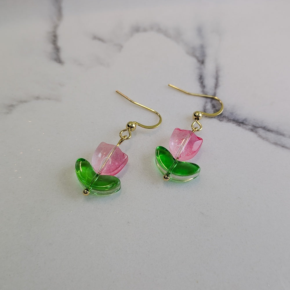 Pink Tulip Flower Drop Hook Earrings - Silver / Gold