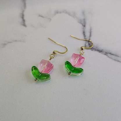 Pink Tulip Flower Drop Hook Earrings - Silver / Gold