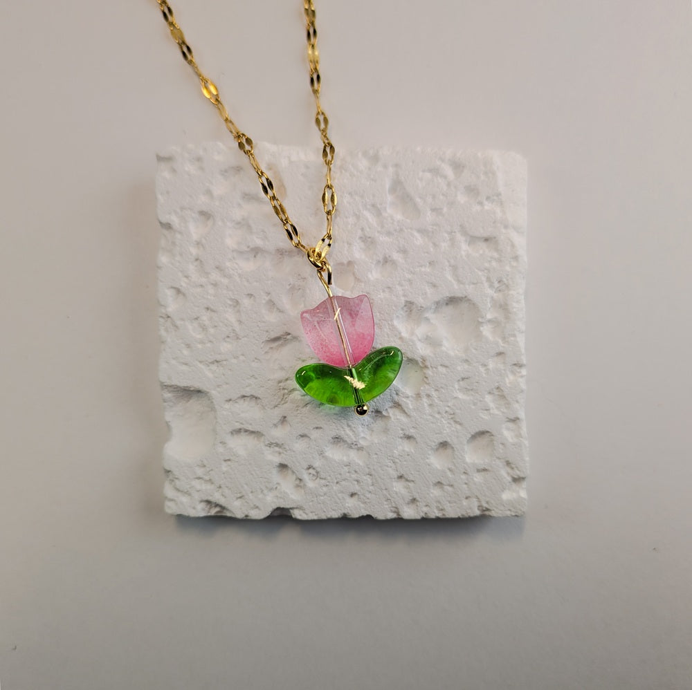 Pink Tulip Charm Necklace - Gold / Silver