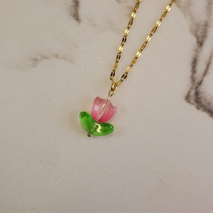 Pink Tulip Charm Necklace - Gold / Silver