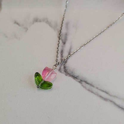 Pink Tulip Charm Necklace - Gold / Silver