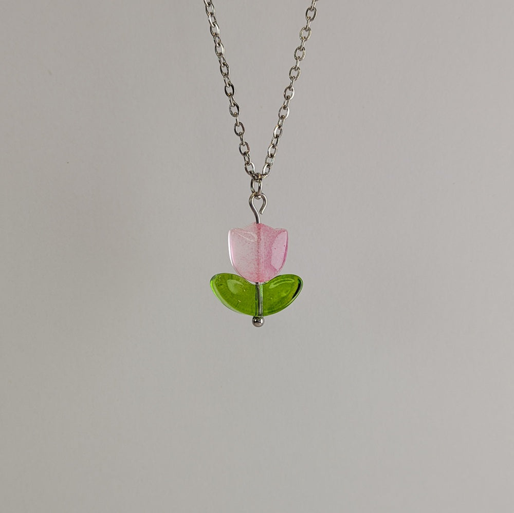 Pink Tulip Charm Necklace - Gold / Silver