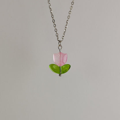 Pink Tulip Charm Necklace - Gold / Silver