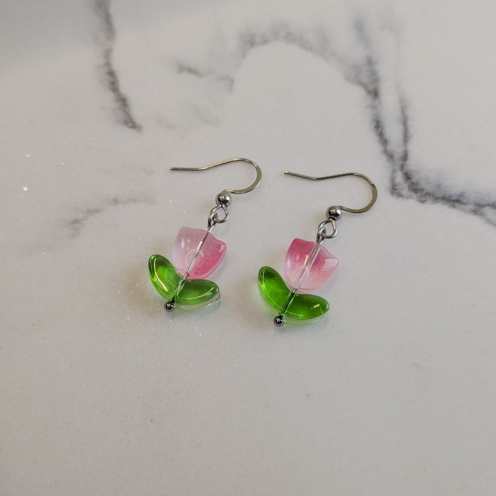 Pink Tulip Flower Drop Hook Earrings - Silver / Gold