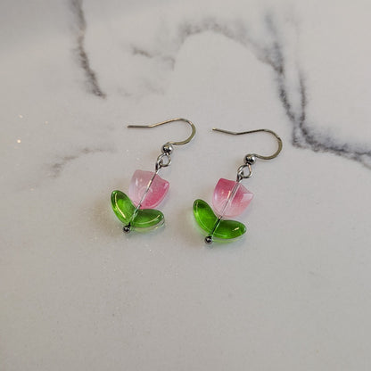 Pink Tulip Flower Drop Hook Earrings - Silver / Gold