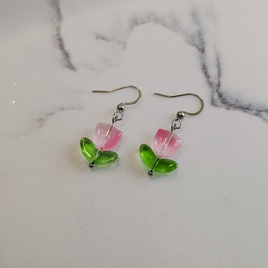 Pink Tulip Flower Drop Hook Earrings - Silver / Gold