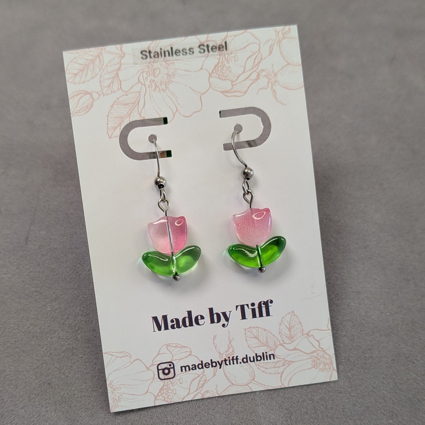 Pink Tulip Flower Drop Hook Earrings - Silver / Gold