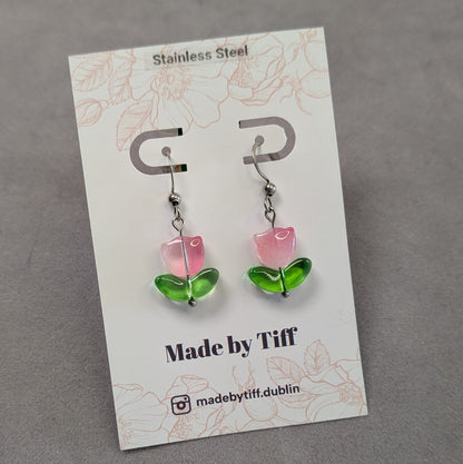 Pink Tulip Flower Drop Hook Earrings - Silver / Gold