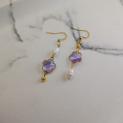 Gold Hook Earrings – Freshwater Pearl & Pink/Purple Glass Flower Drop