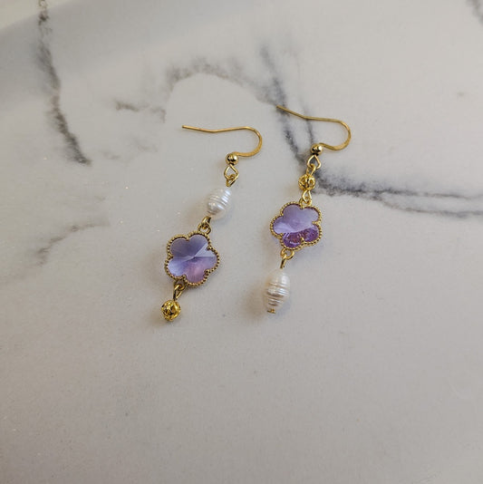 Gold Hook Earrings – Freshwater Pearl & Pink/Purple Glass Flower Drop