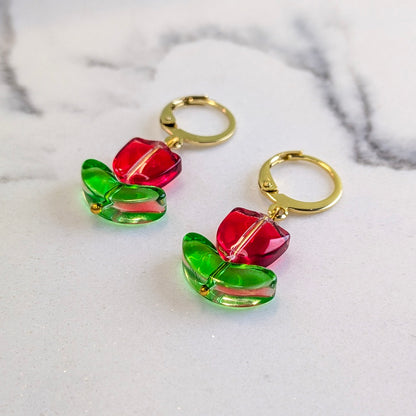 Red Tulip Flower Drop Hoop Earrings - 18K Gold Plated