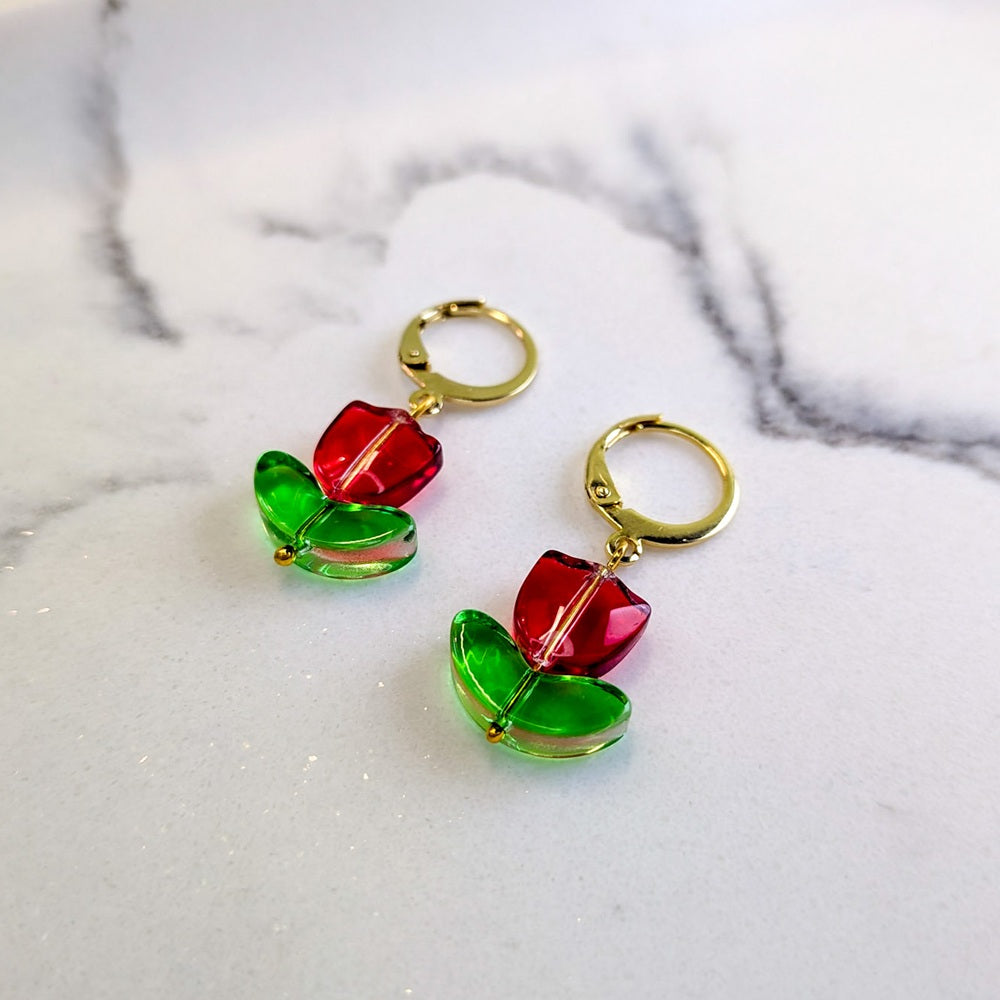 Red Tulip Flower Drop Hoop Earrings - 18K Gold Plated