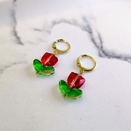 Red Tulip Flower Drop Hoop Earrings - 18K Gold Plated