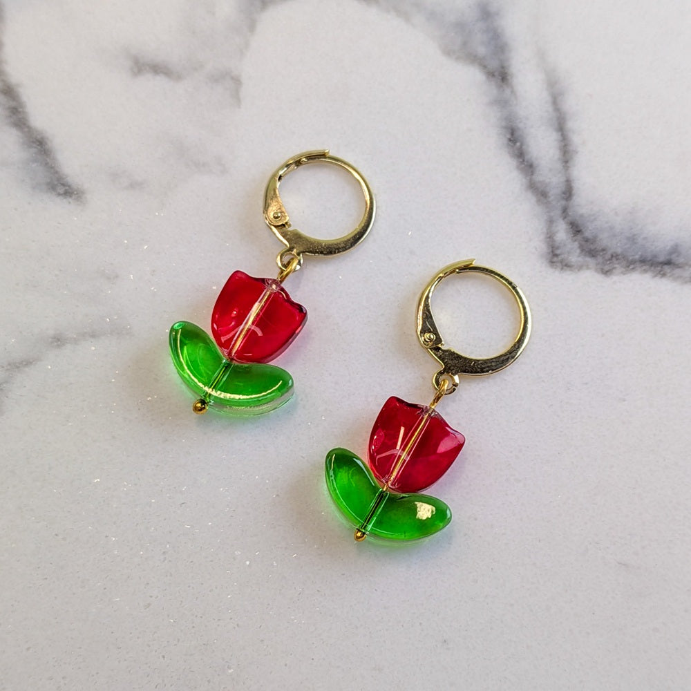 Red Tulip Flower Drop Hoop Earrings - 18K Gold Plated