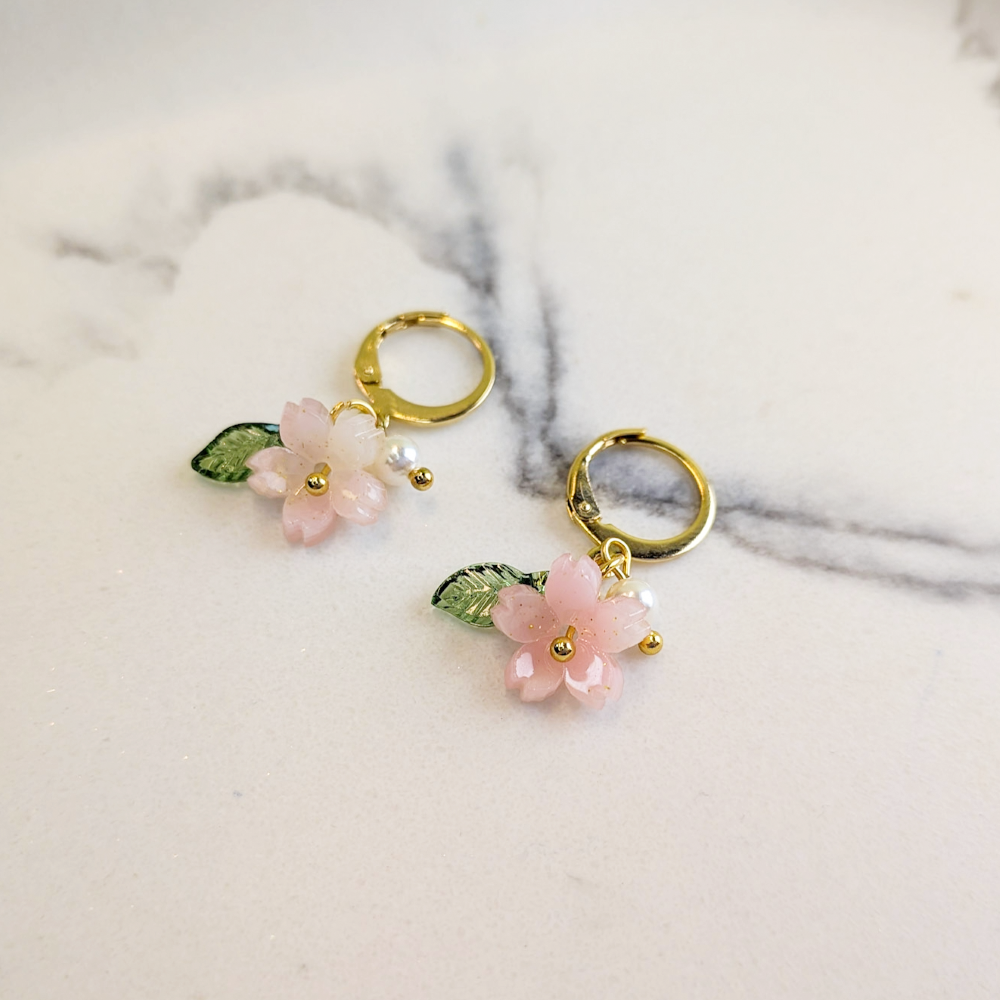 Pink Sakura Hoop Earrings - 18K Gold Plated