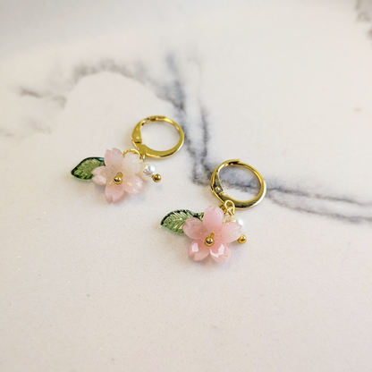 Pink Sakura Hoop Earrings - 18K Gold Plated