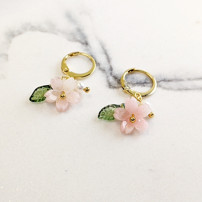 Pink Sakura Hoop Earrings - 18K Gold Plated
